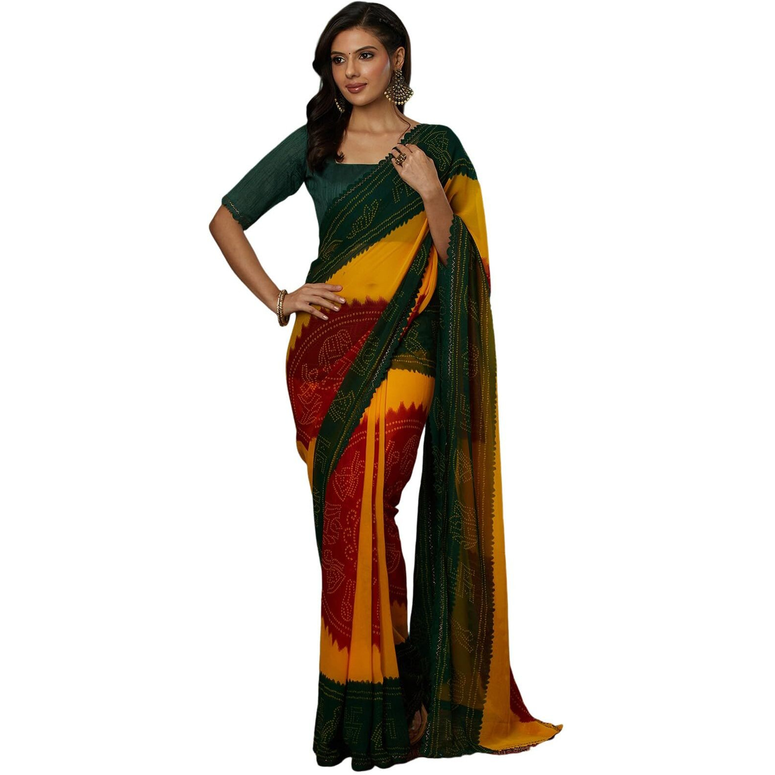 Satrani Women's Georgette Bandhani Printed Saree With Unstitched Blouse Piece (4132S133N_Yellow & Dark Green & Red)