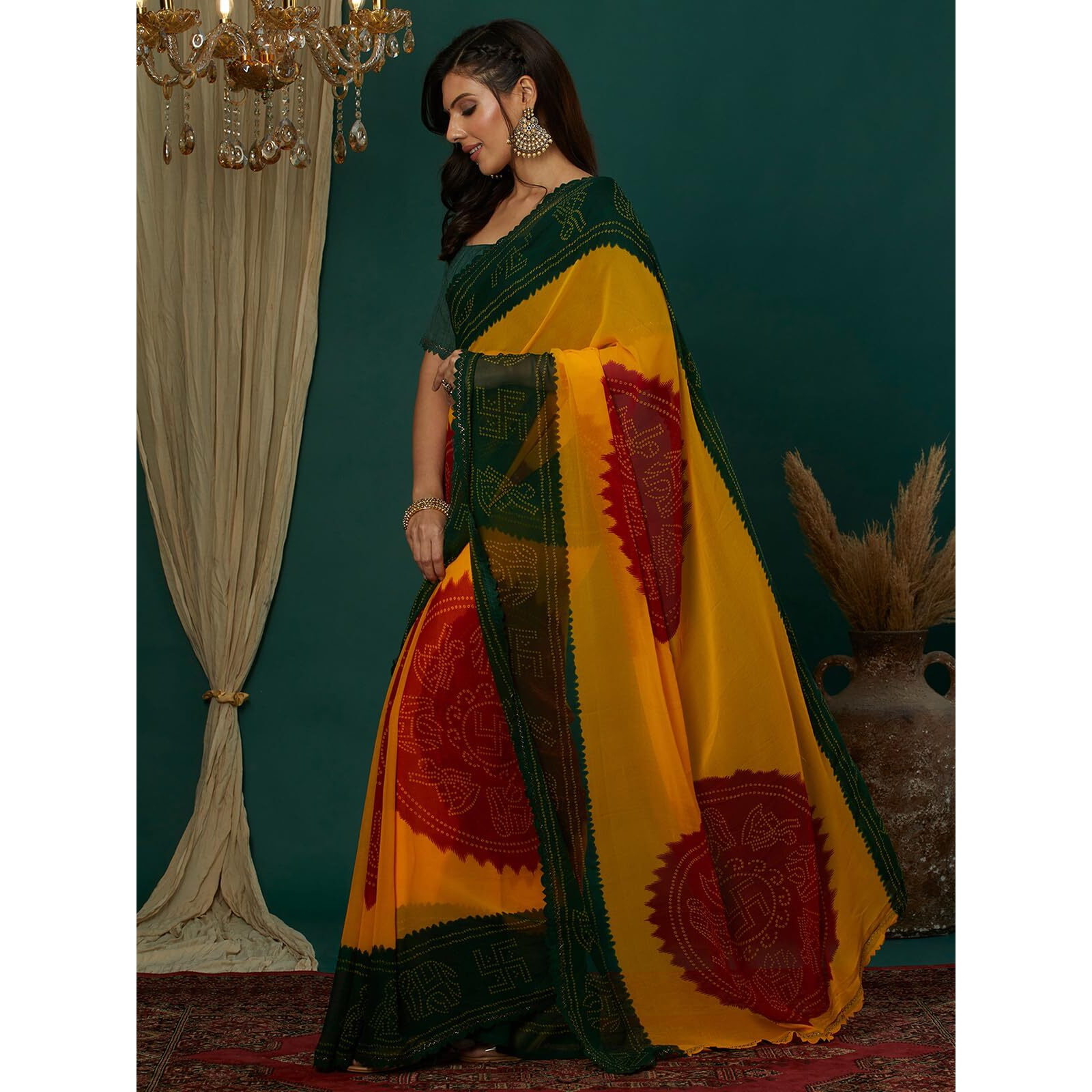 Satrani Women's Georgette Bandhani Printed Saree With Unstitched Blouse Piece (4132S133N_Yellow & Dark Green & Red)