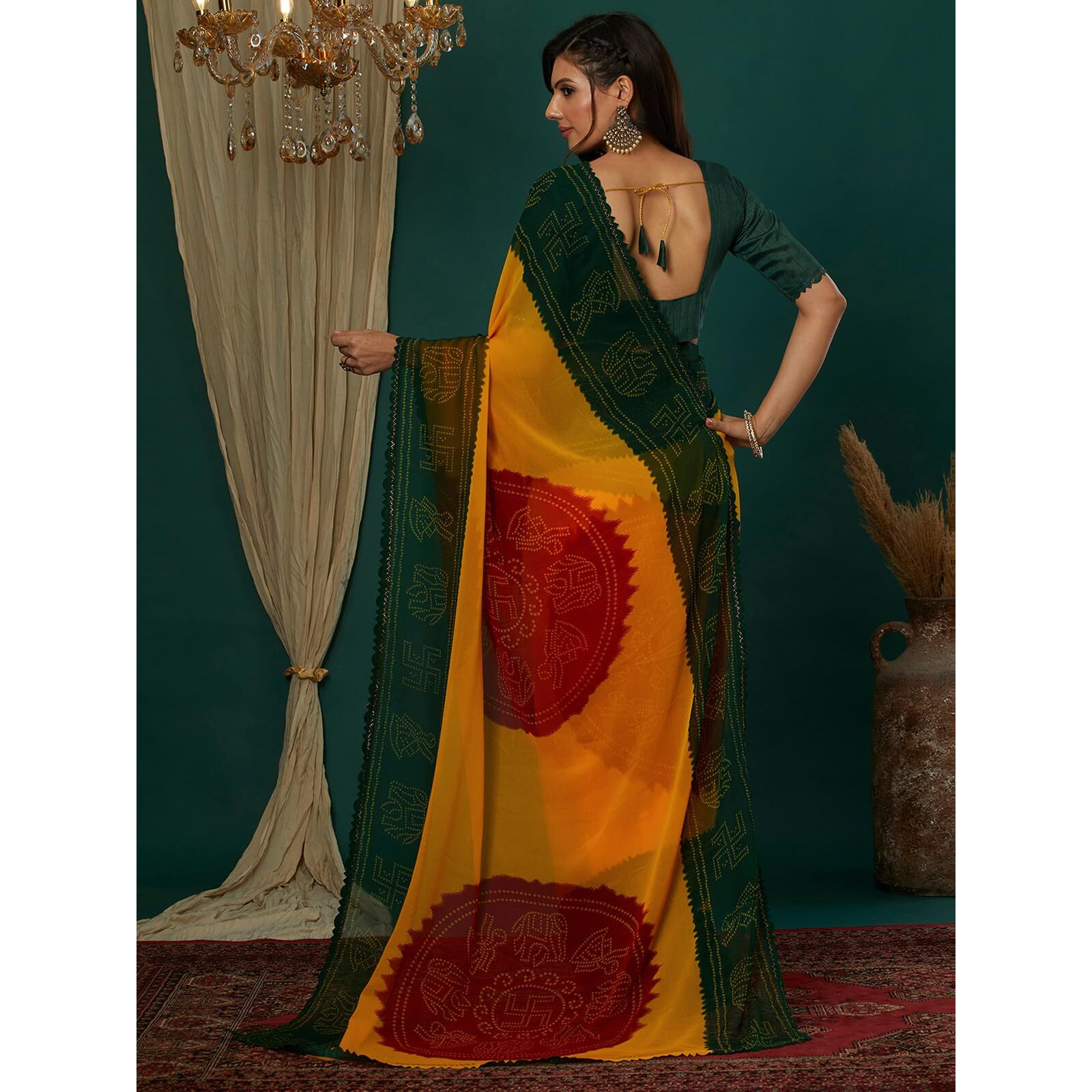 Satrani Women's Georgette Bandhani Printed Saree With Unstitched Blouse Piece (4132S133N_Yellow & Dark Green & Red)