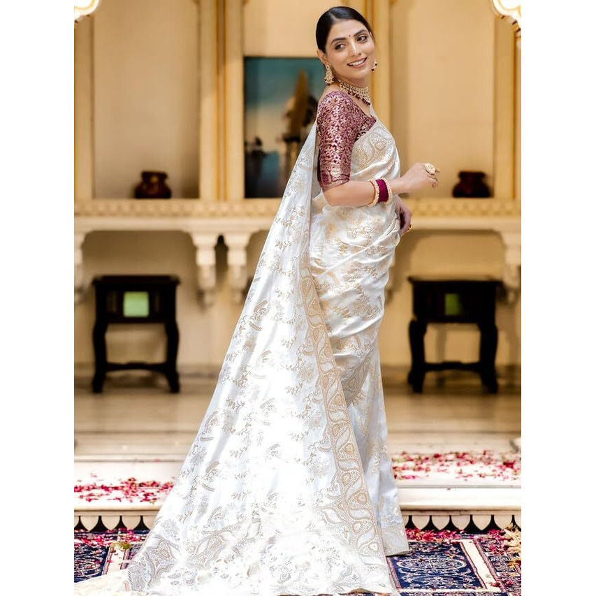 Satrani Women's Art Silk Jacquard Saree With Unstitched Blouse Piece (3584S353N_White)