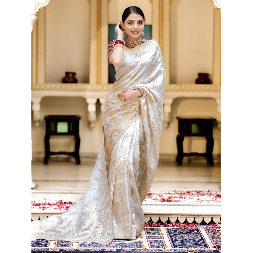 Satrani Women's Art Silk Jacquard Saree With Unstitched Blouse Piece (3584S353N_White)