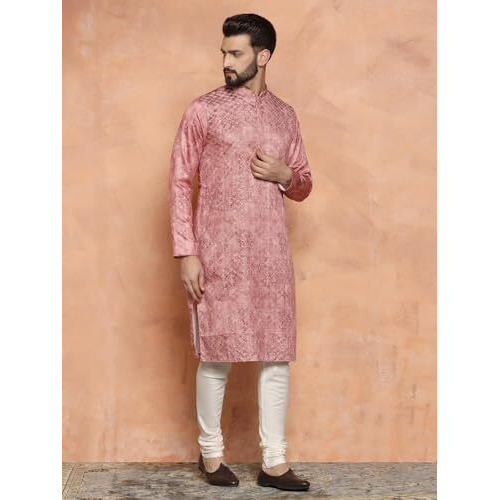 Kisah Men Pink Kurta, Cotton, Full Sleaves, Knee Length, Straight, Regular Fit, Mandarin Collar Ethnic Wear