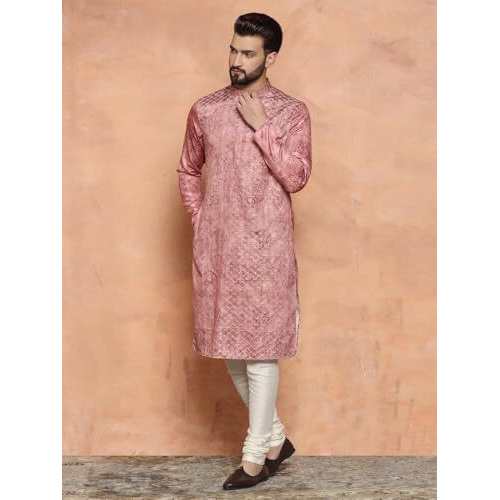 Kisah Men Pink Kurta, Cotton, Full Sleaves, Knee Length, Straight, Regular Fit, Mandarin Collar Ethnic Wear