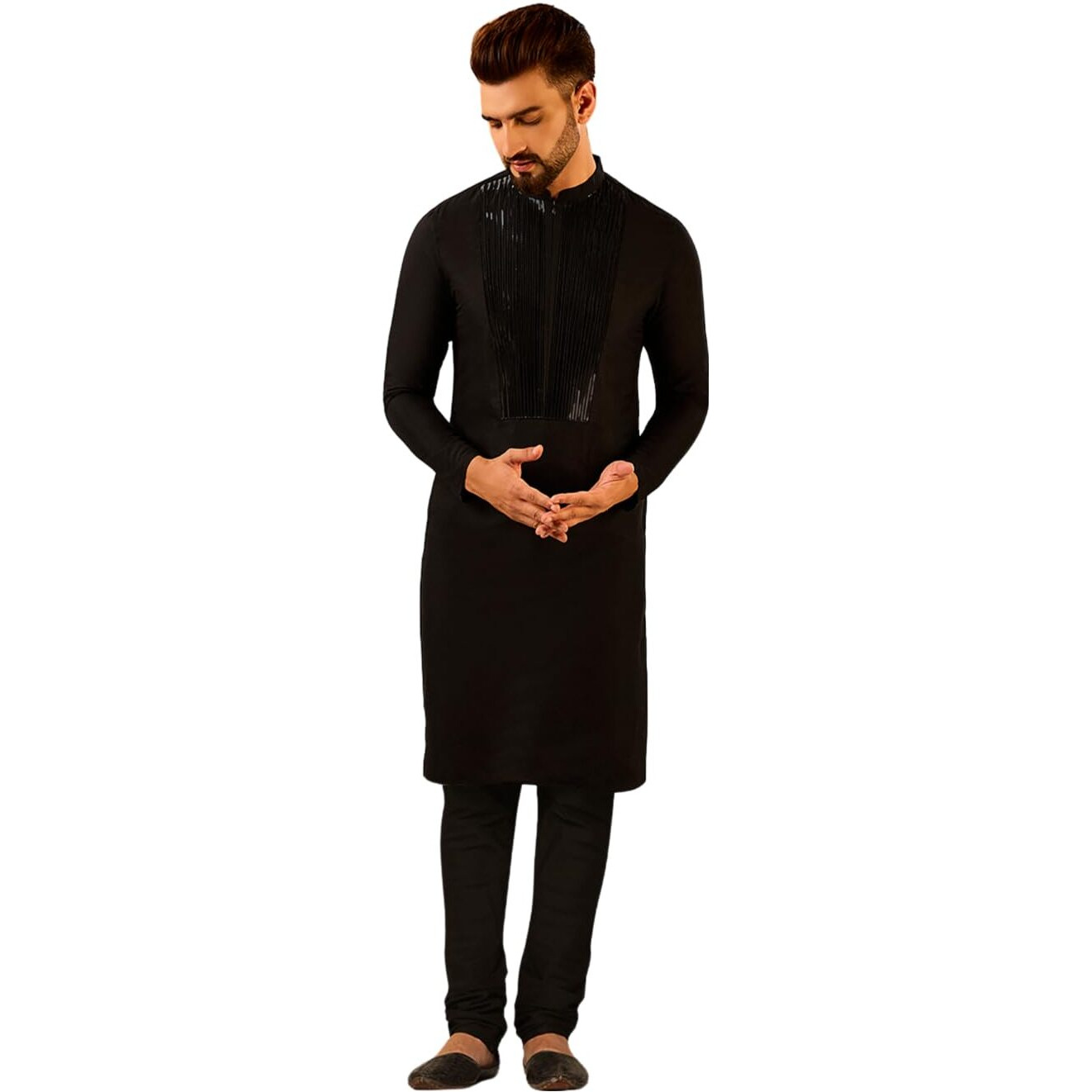 Kisah Men's Kurta Churidar Set, Black Pure Cotton, Embroidered Mandarin Collar Regular Fit Long Sleeves (L)