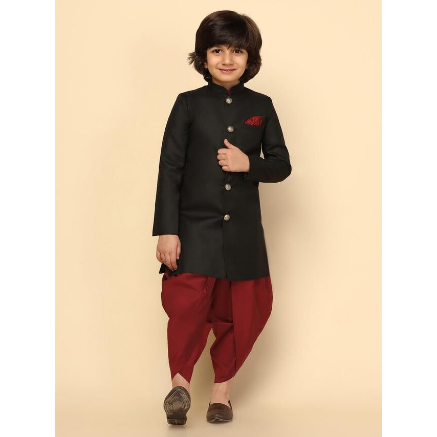 Kisah Boys Sherwani Set Indo-Western Cotton Blend Solid Dyed Design Indo-Western Sherwani Dhoti Set For Kids, Black, 11-12 Years