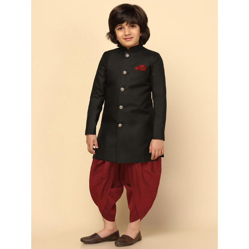 Kisah Boys Sherwani Set Indo-Western Cotton Blend Solid Dyed Design Indo-Western Sherwani Dhoti Set For Kids, Black, 11-12 Years