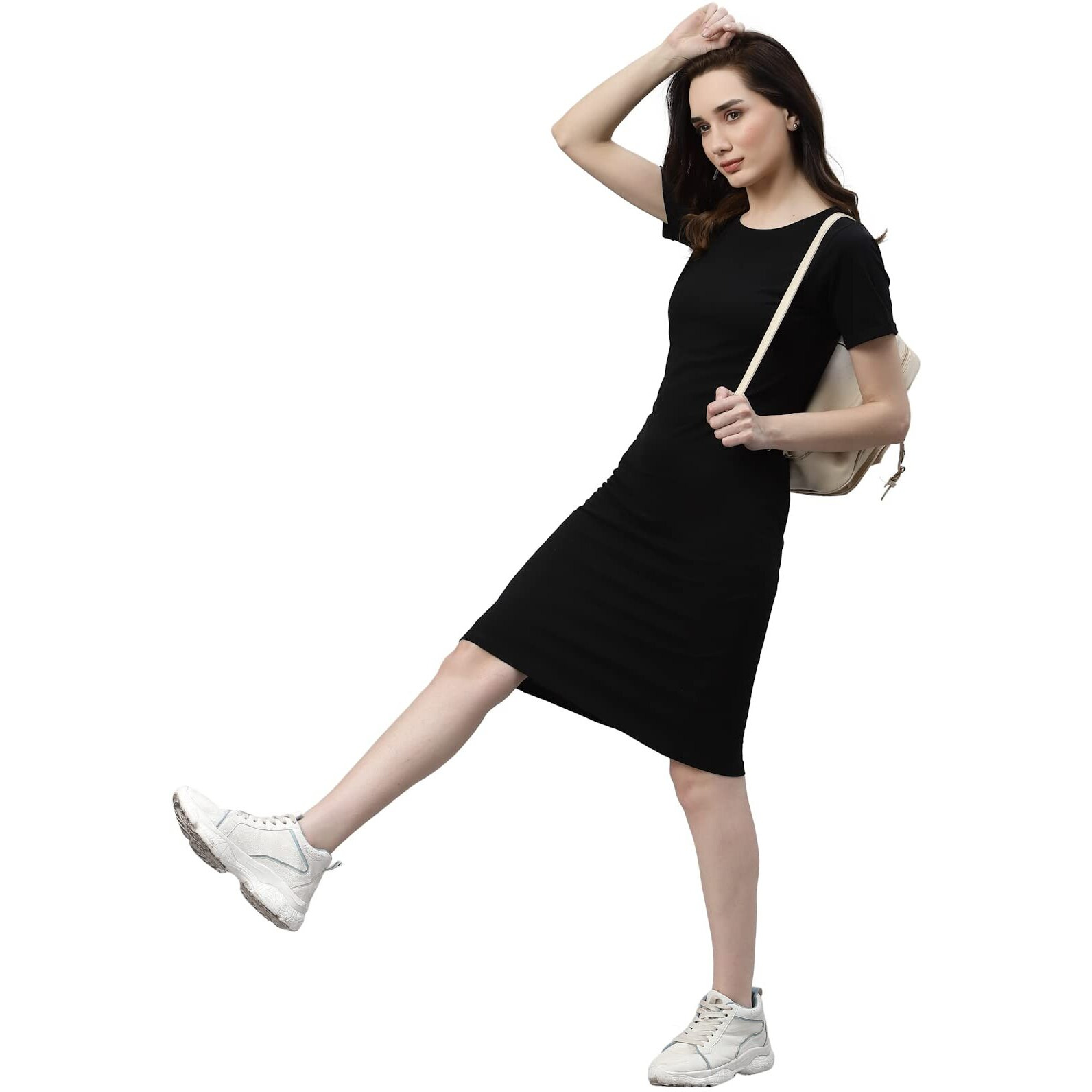 Rigo Women Black Round Neck Shorts Sleeve Bodycon Dress