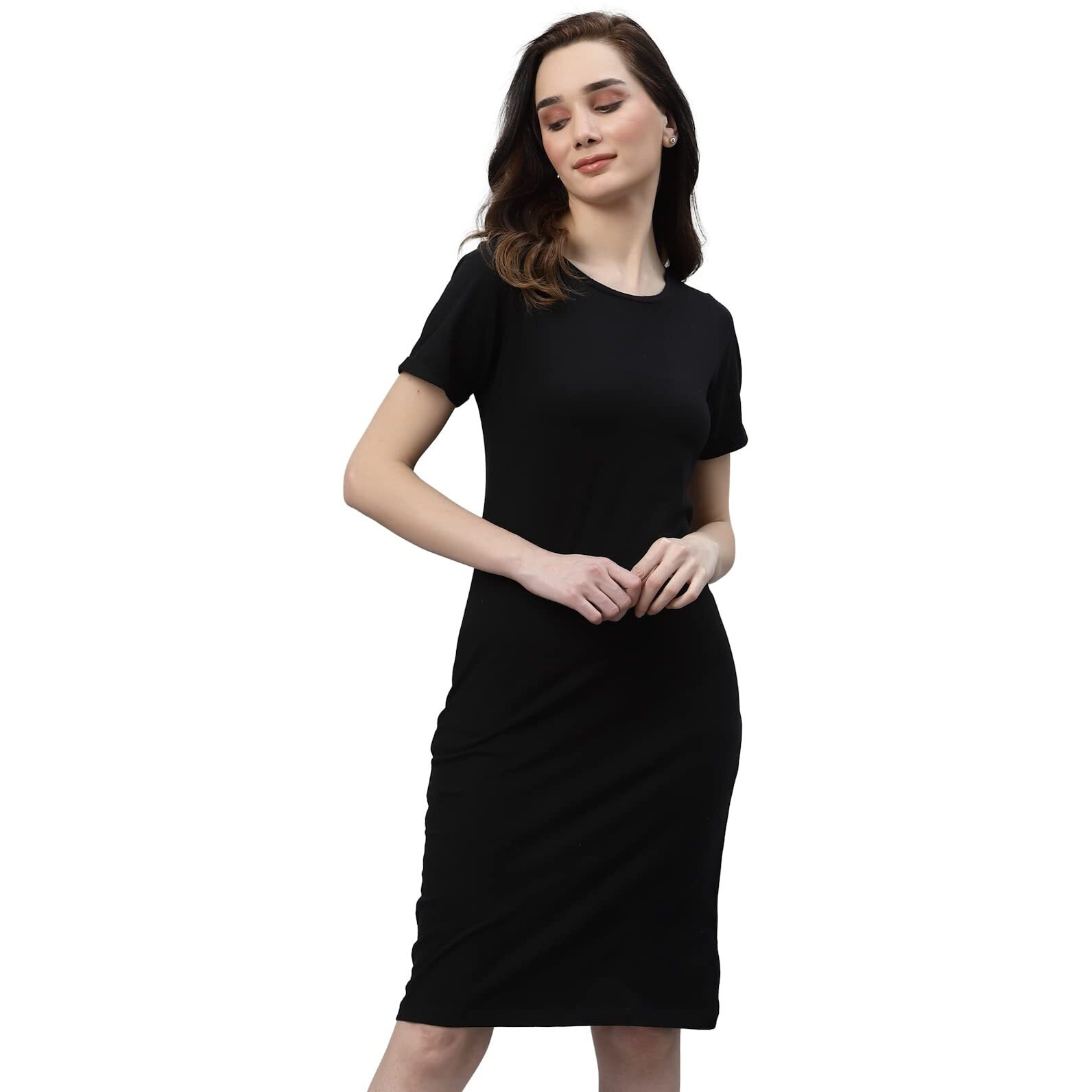 Rigo Women Black Round Neck Shorts Sleeve Bodycon Dress