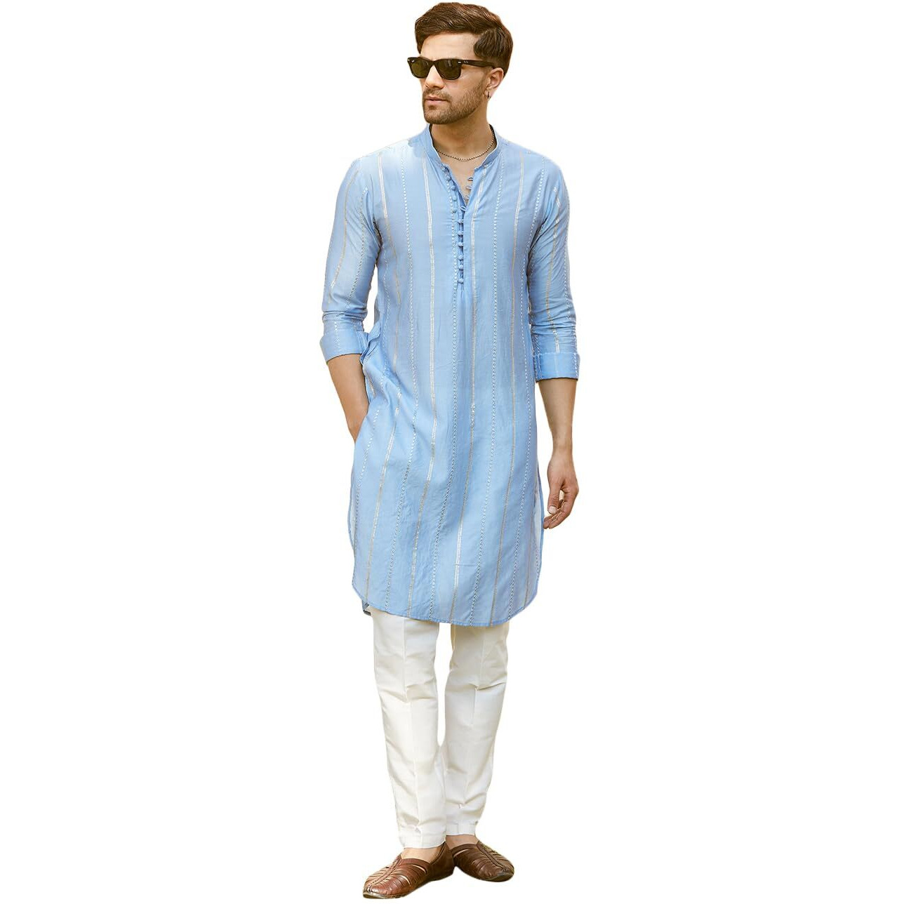 See Designs Men Full Sleeve Turquoise Blue Chanderi Silk Sequins Cotton Mandarin Collar Side Slit Kurta With Pyjama - Sd2Mkt_144401M