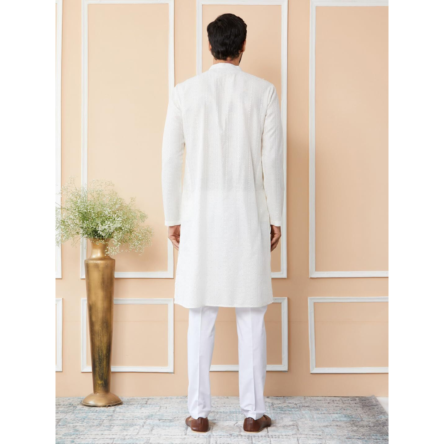 See Designs Men's Long Sleeve Mandarin Collar Side Slit Off White Embroidered Thread Work Sequinned Chanderi Silk Straight Kurta - Sdkt2512S