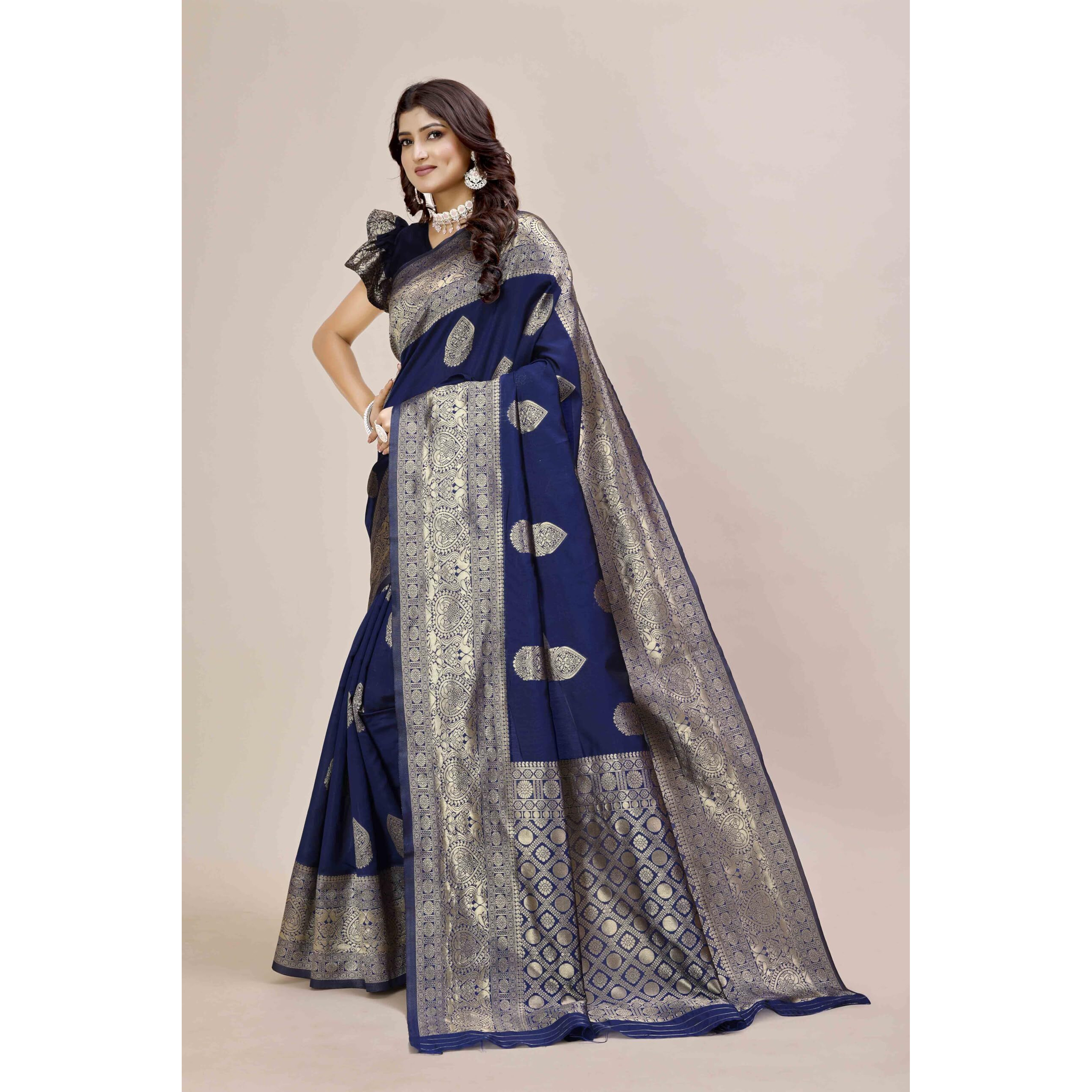 Shasmi Women's Banarasi Saree Pure Kanjivaram Silk Saree Soft New Ladies 2025 Design Wear Pattu Sarees Latest Party Sari Collections With Blouse Piece For Wedding Sadi (Pari-209) (Navy Blue)