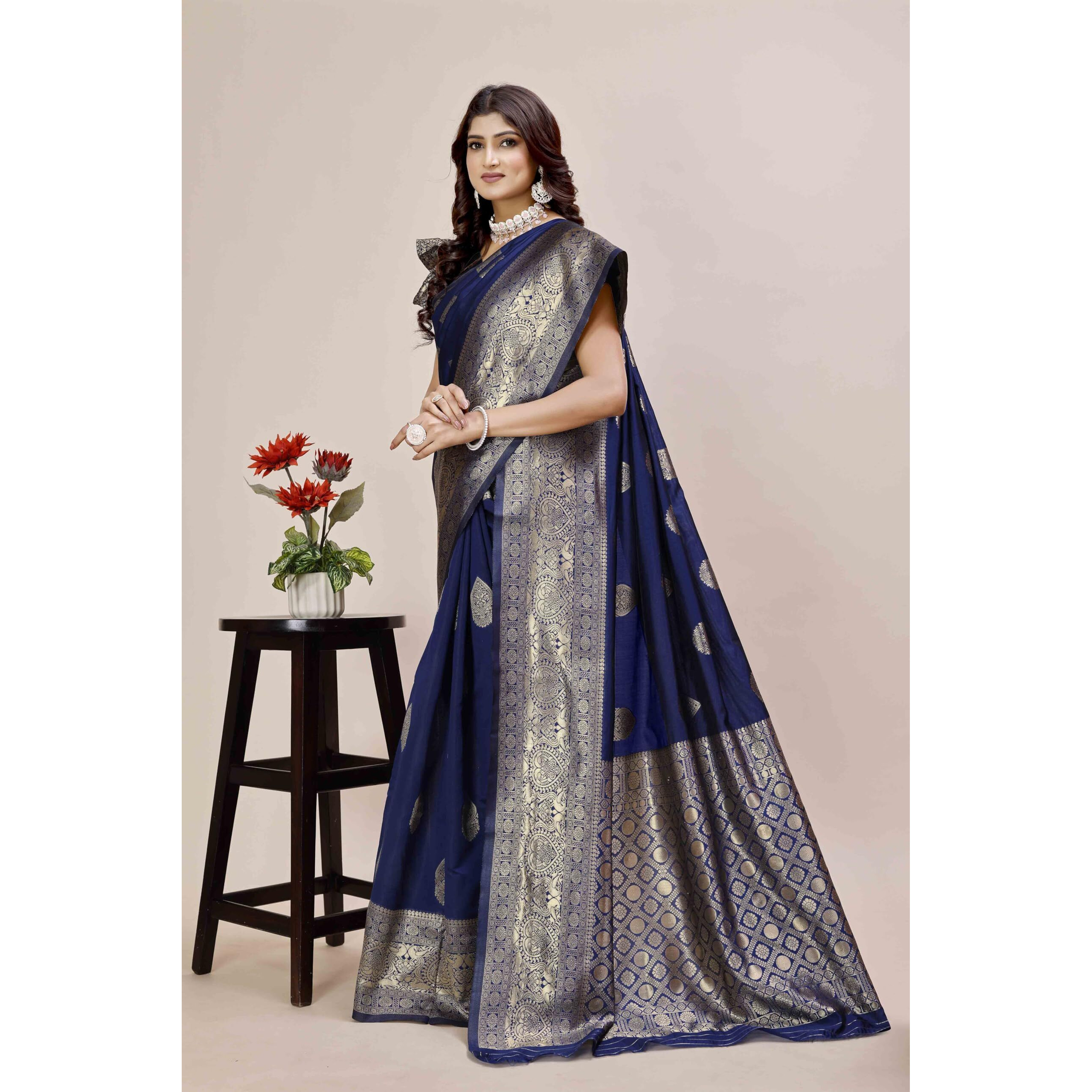 Shasmi Women's Banarasi Saree Pure Kanjivaram Silk Saree Soft New Ladies 2025 Design Wear Pattu Sarees Latest Party Sari Collections With Blouse Piece For Wedding Sadi (Pari-209) (Navy Blue)