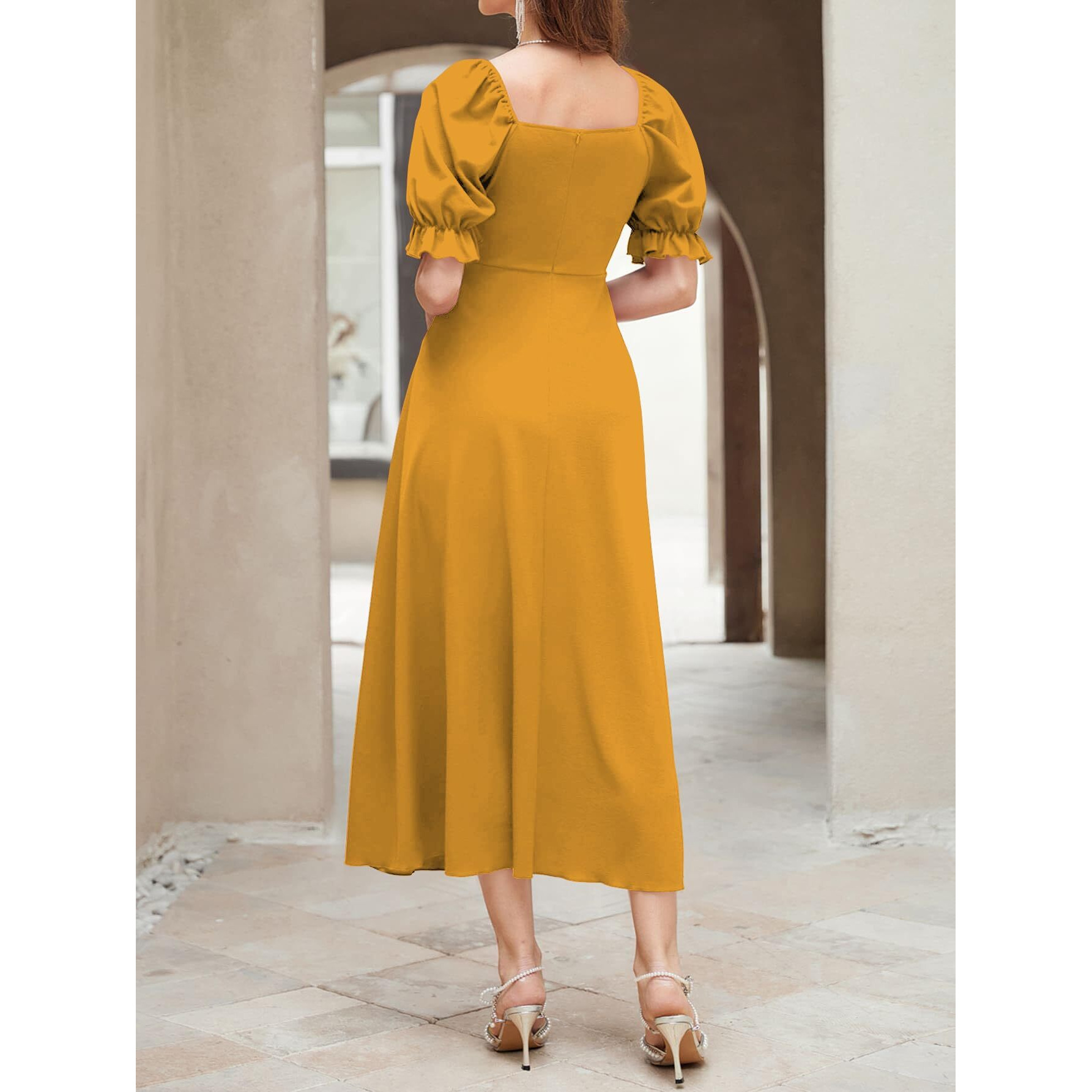 Shasmi Girl's & Women's Solid Mustard A-Line Ruched Puff Sleeve Maxi Long Evening One Piece Long Dress For Women Stylish (Dress 131 Mustard-S)