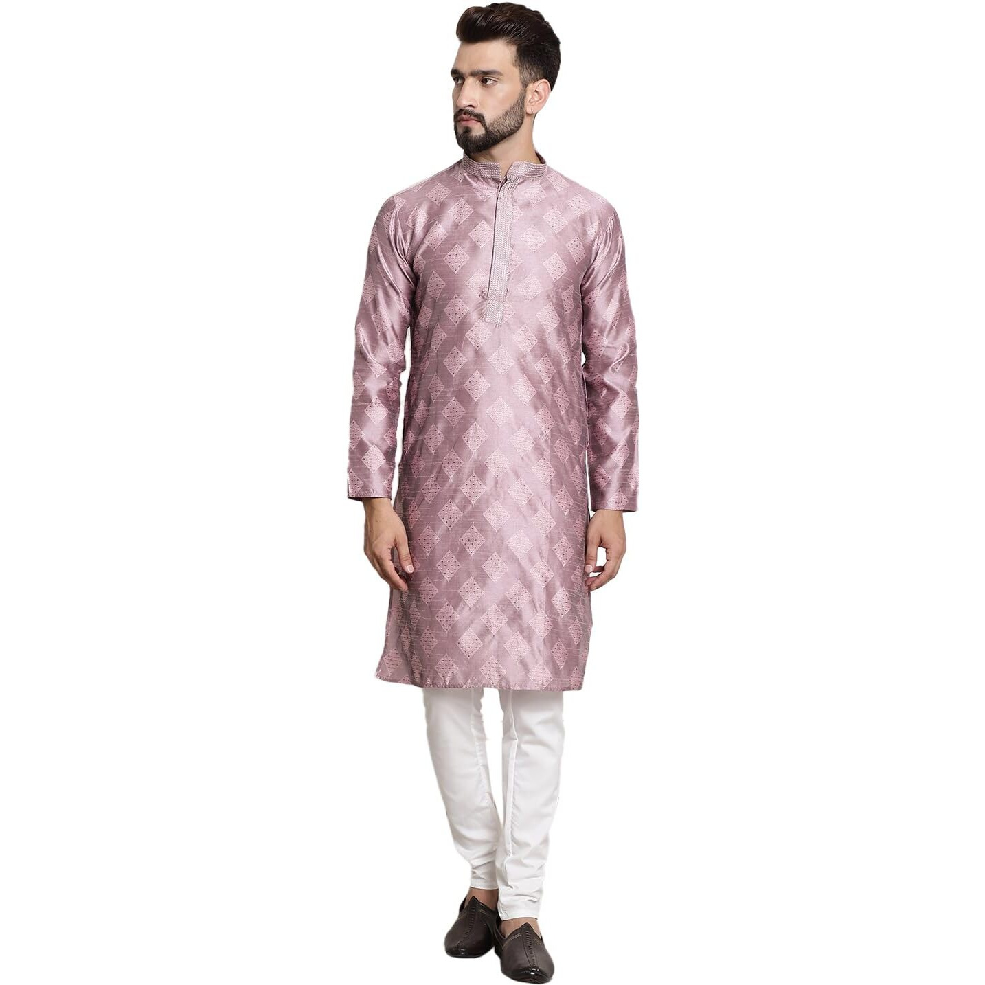 Sojanya (Since 1958 Men's Jacquard Silk Purple Self Design Kurta & Off White Churidar Pyjama Set