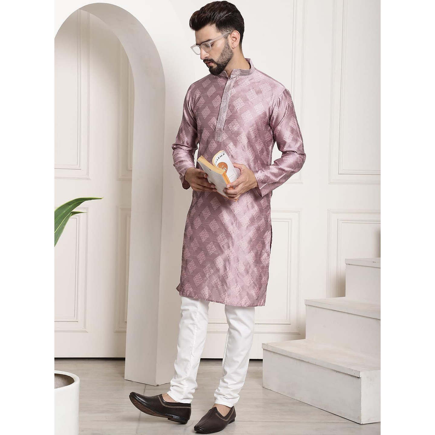 Sojanya (Since 1958 Men's Jacquard Silk Purple Self Design Kurta & Off White Churidar Pyjama Set