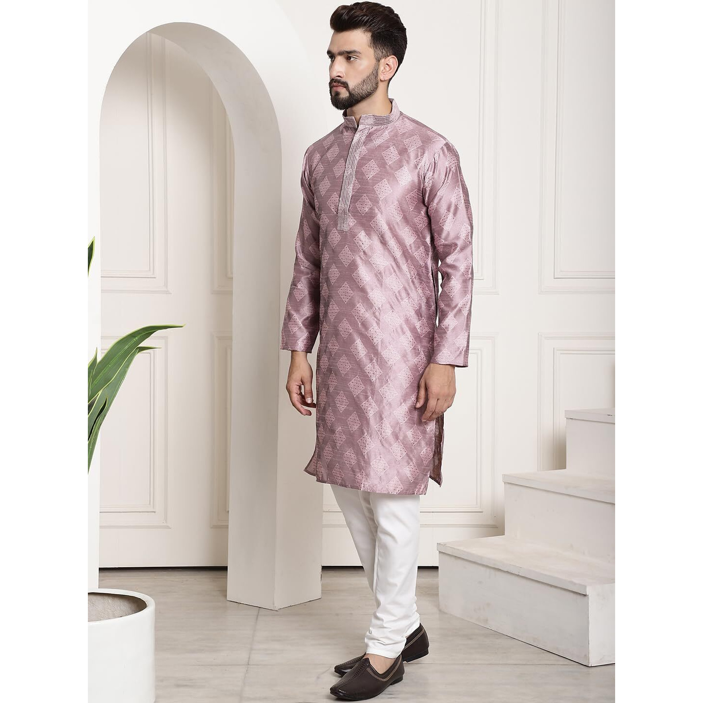 Sojanya (Since 1958 Men's Jacquard Silk Purple Self Design Kurta & Off White Churidar Pyjama Set