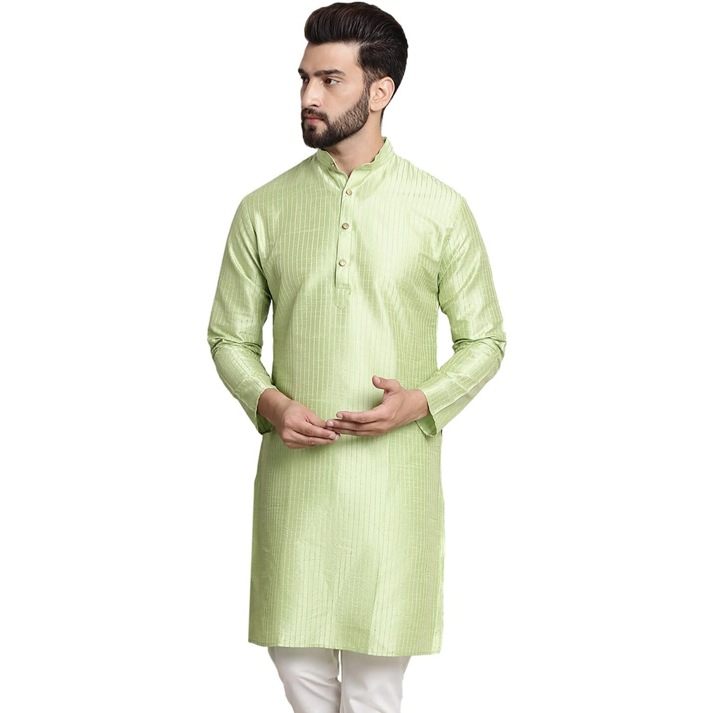 Sojanya (Since 1958 Men's Silk Blend Green Color Striped Design Only Long Kurta