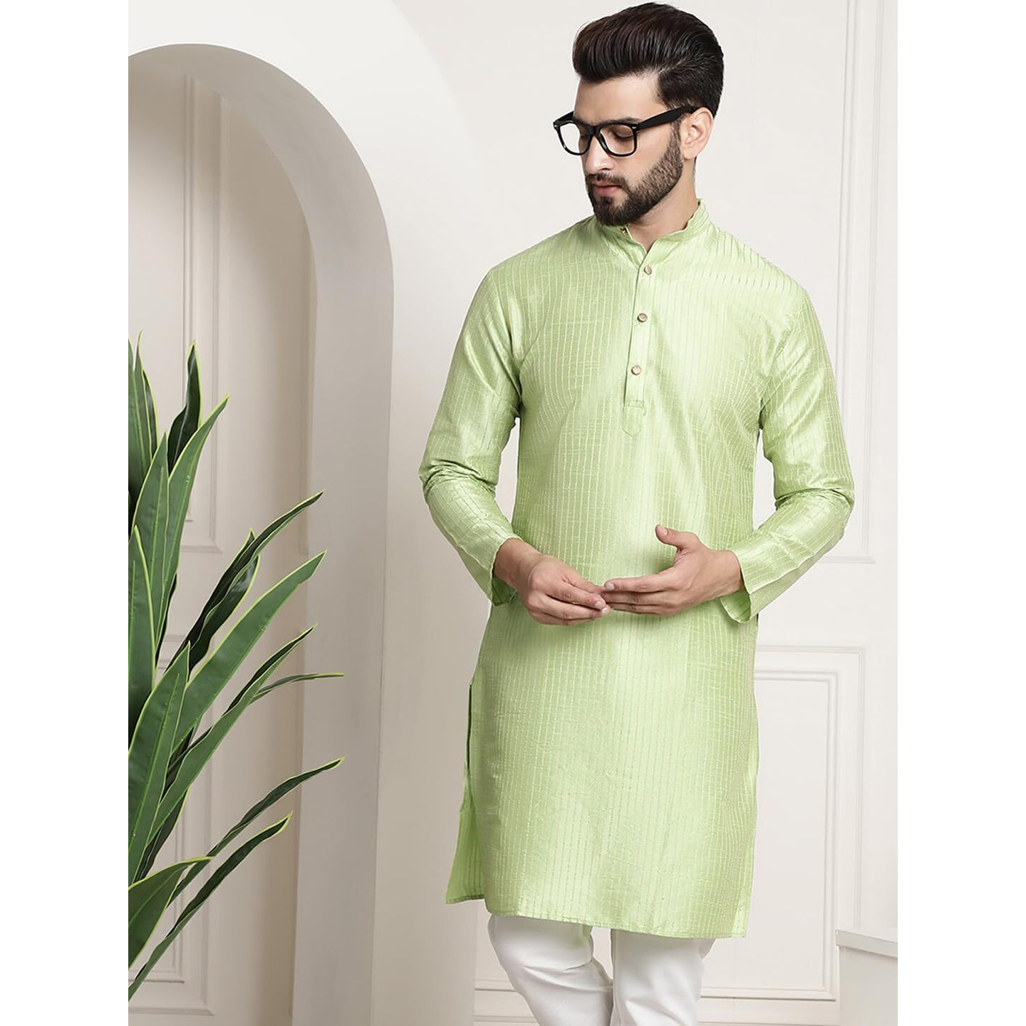 Sojanya (Since 1958 Men's Silk Blend Green Color Striped Design Only Long Kurta