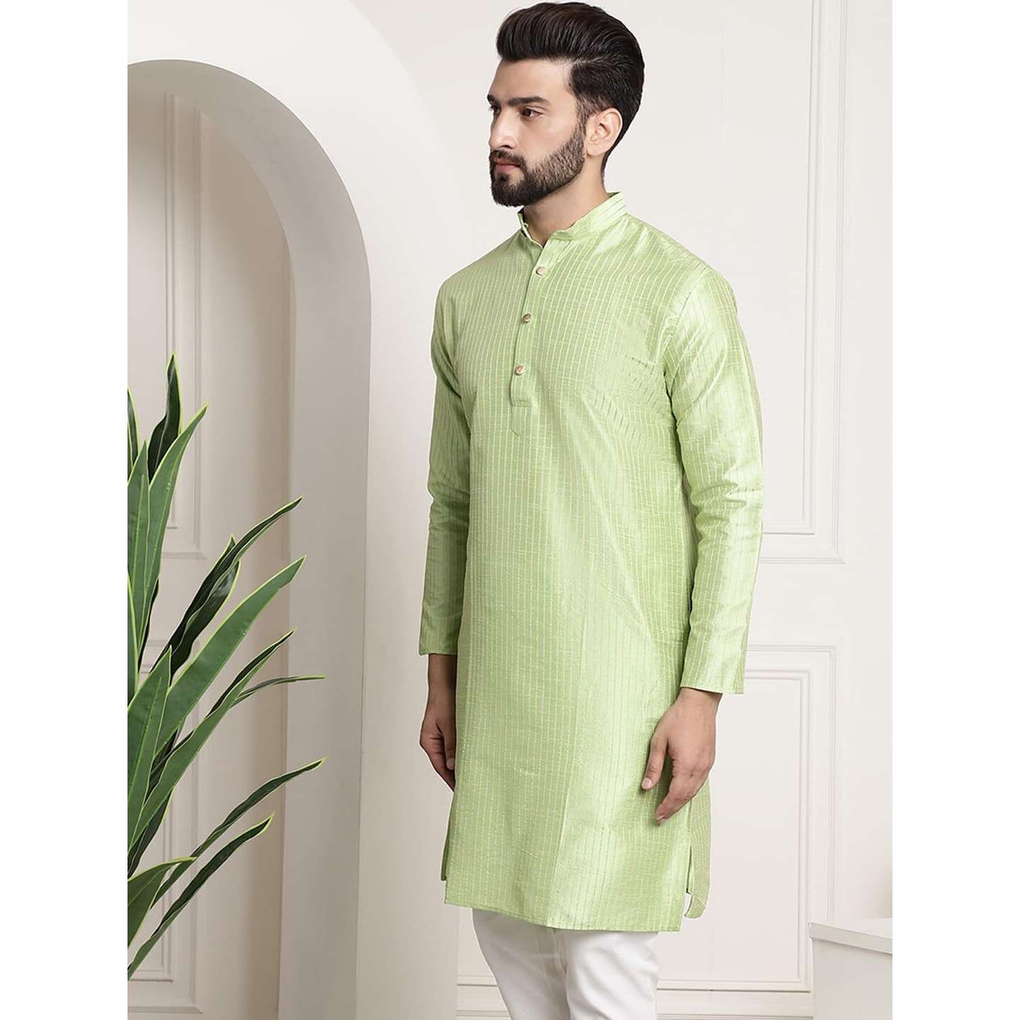 Sojanya (Since 1958 Men's Silk Blend Green Color Striped Design Only Long Kurta