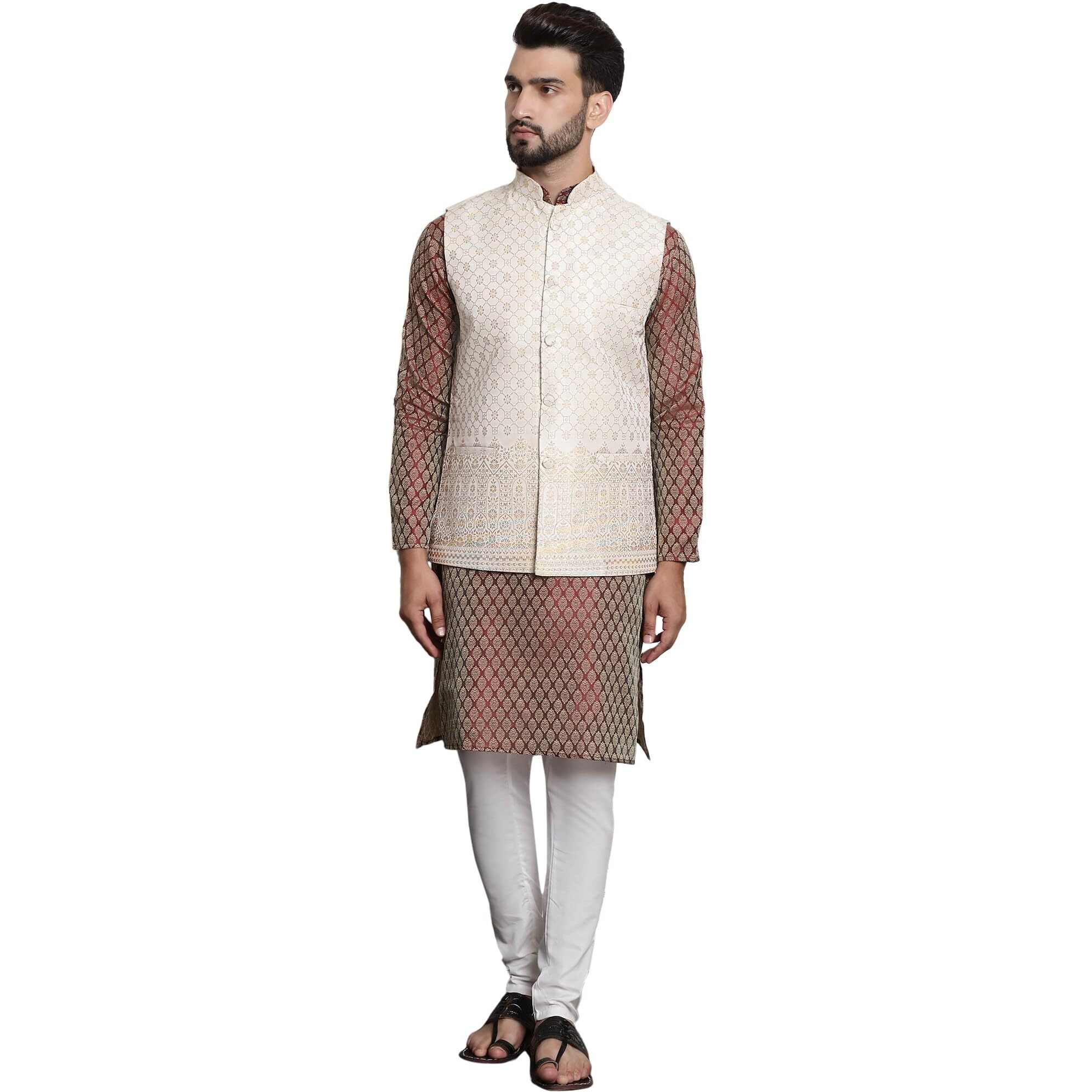 Sojanya (Since 1958 Men's Jacquard Silk Maroon Kurta And Off-White Pyjama With Cream Nehru Jacket