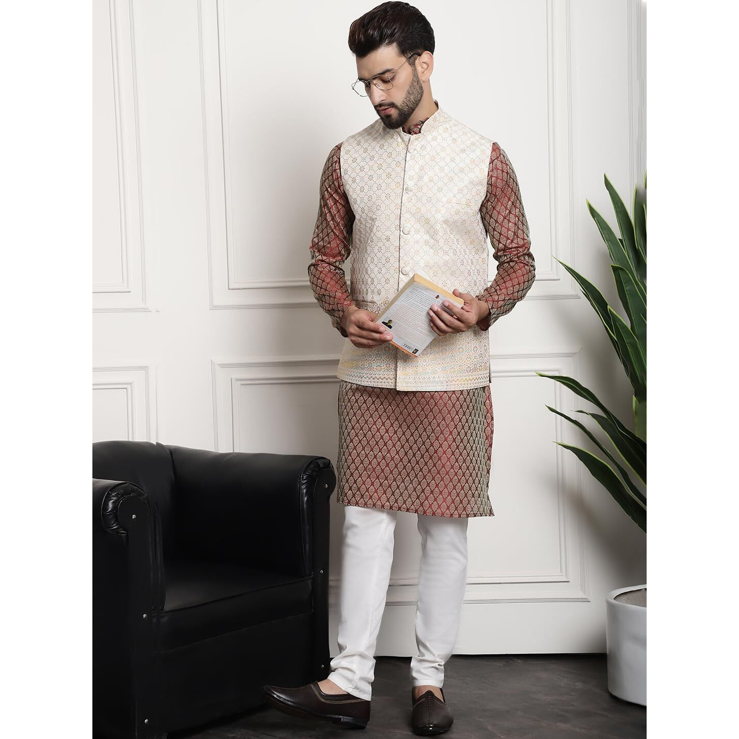Sojanya (Since 1958 Men's Jacquard Silk Maroon Kurta And Off-White Pyjama With Cream Nehru Jacket