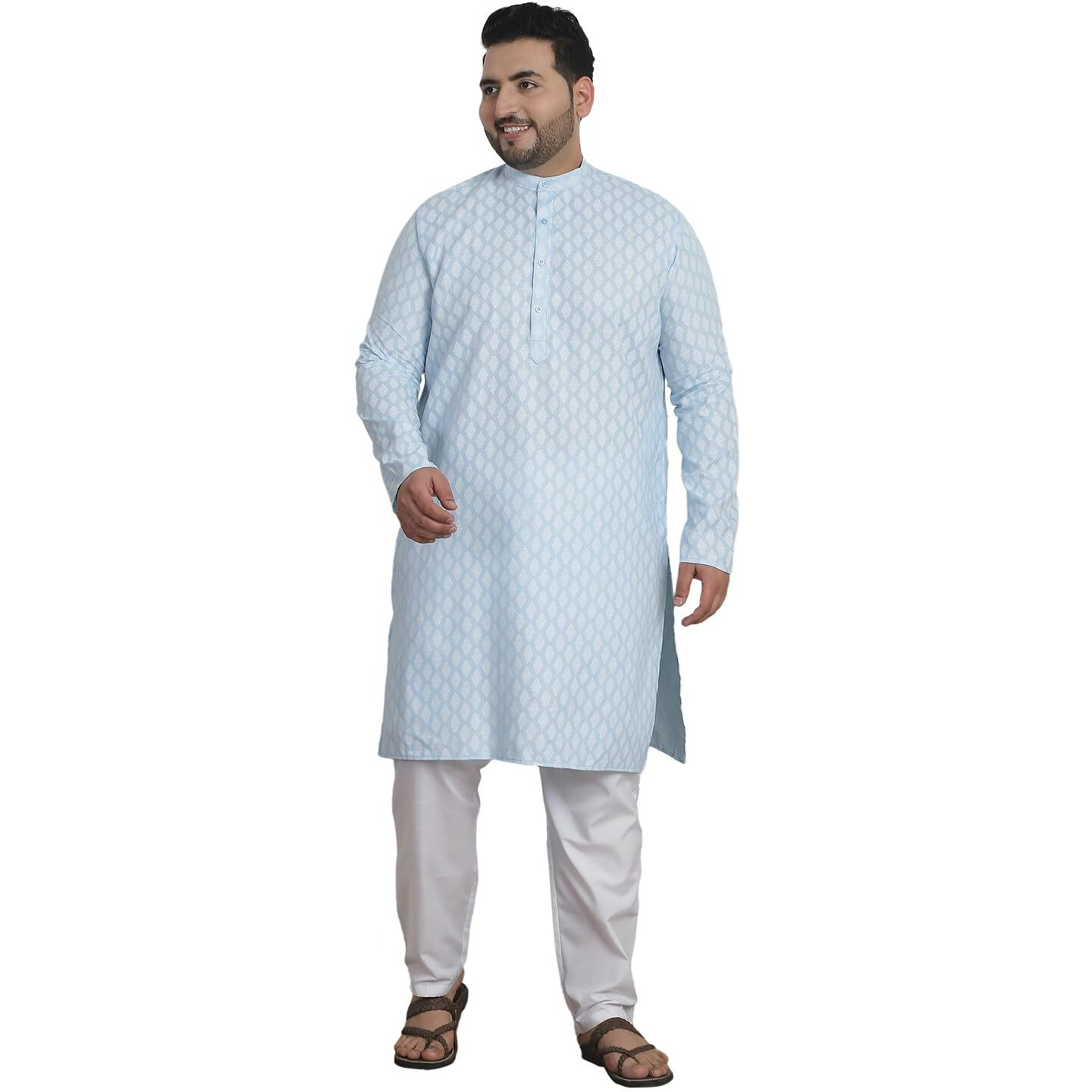Sojanya Plus (Since 1958) Men's Cotton Blend Printed Sky Blue Kurta With White Churidar Pyjama