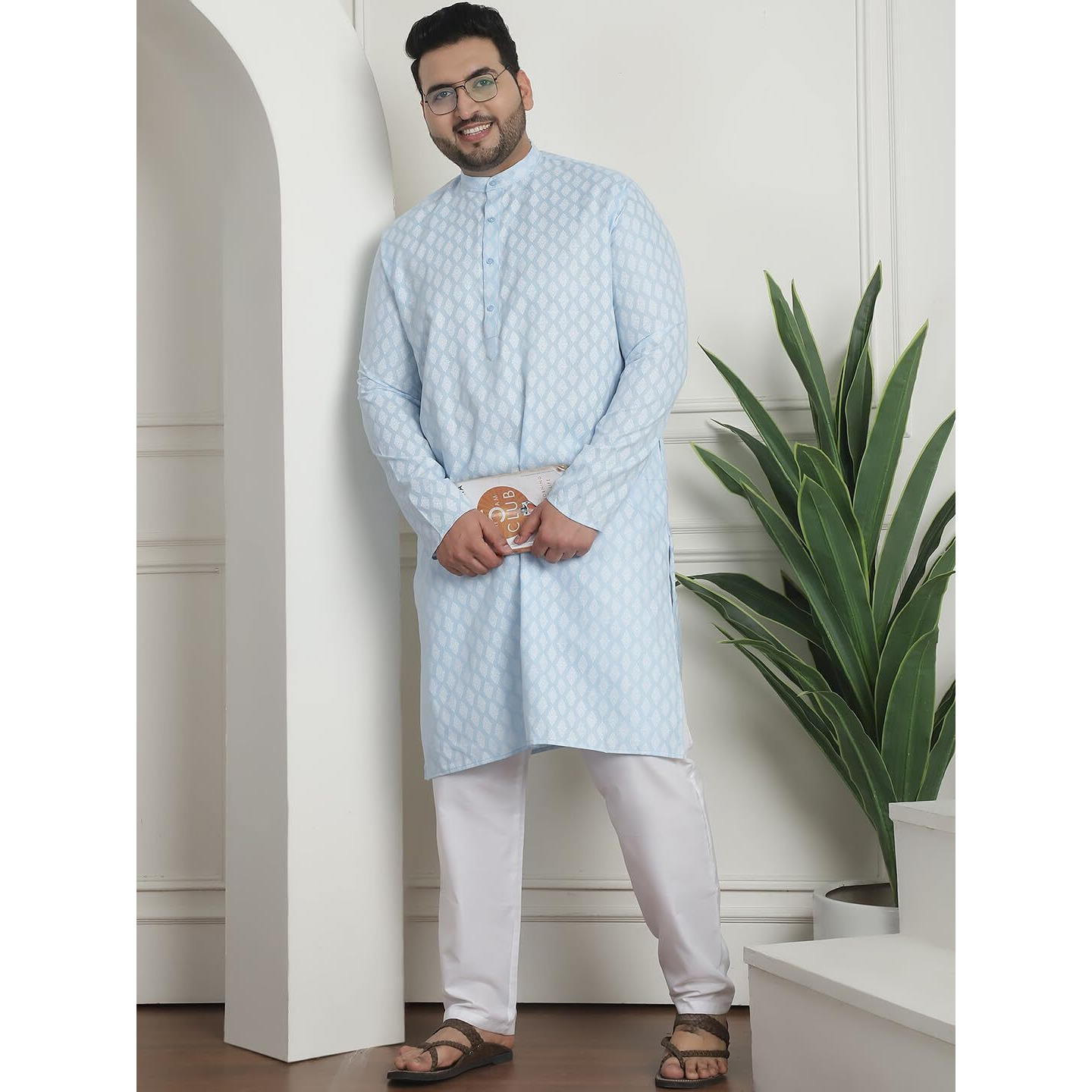 Sojanya Plus (Since 1958) Men's Cotton Blend Printed Sky Blue Kurta With White Churidar Pyjama