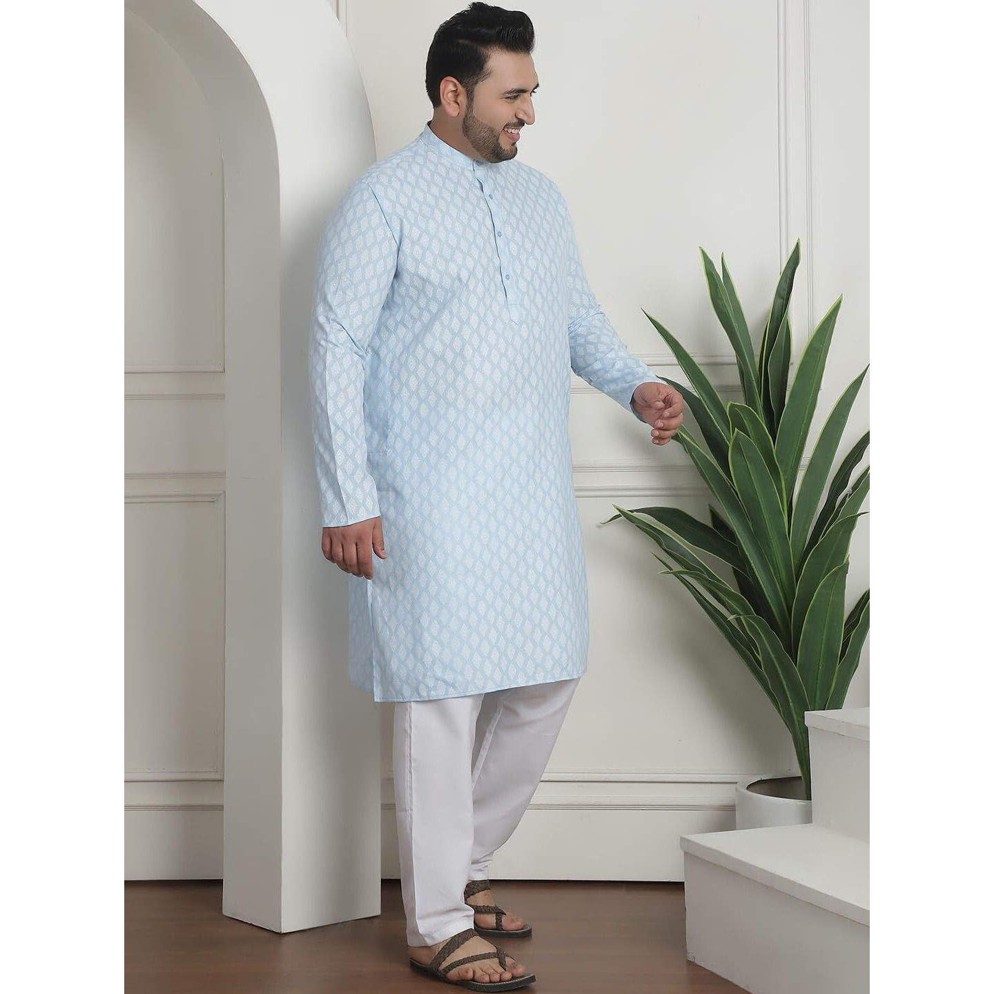 Sojanya Plus (Since 1958) Men's Cotton Blend Printed Sky Blue Kurta With White Churidar Pyjama