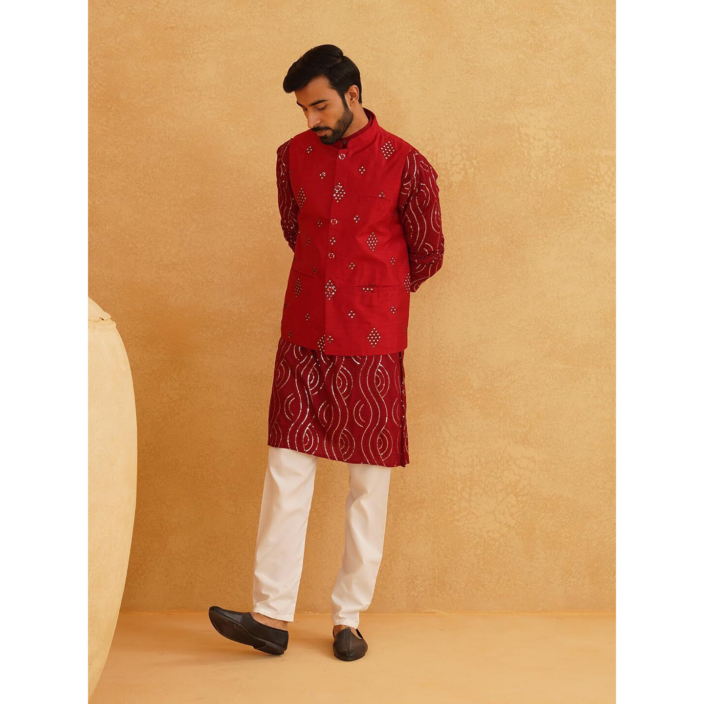 Sojanya (Since 1958 Men's Pure Cotton Maroon Kurta And White Pyjama With Maroon Silk Nehru Jacket