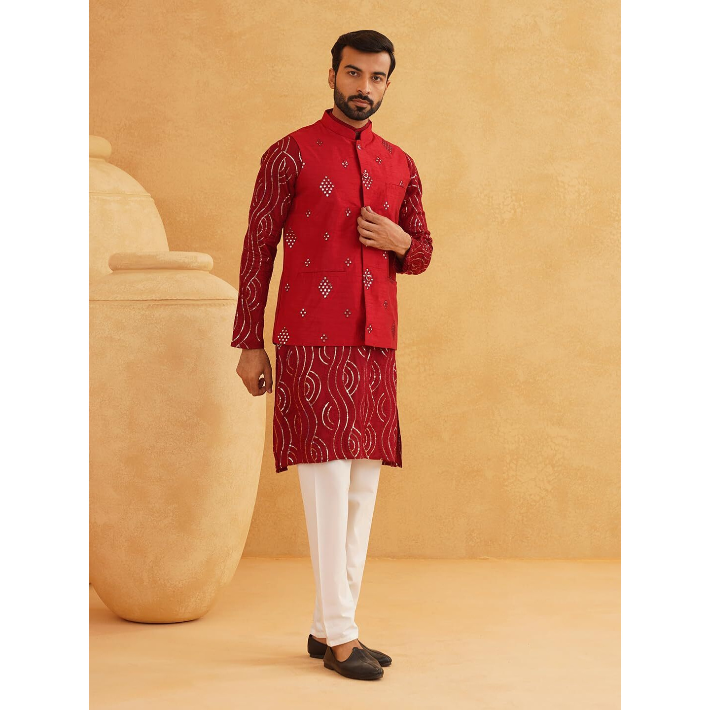 Sojanya (Since 1958 Men's Pure Cotton Maroon Kurta And White Pyjama With Maroon Silk Nehru Jacket
