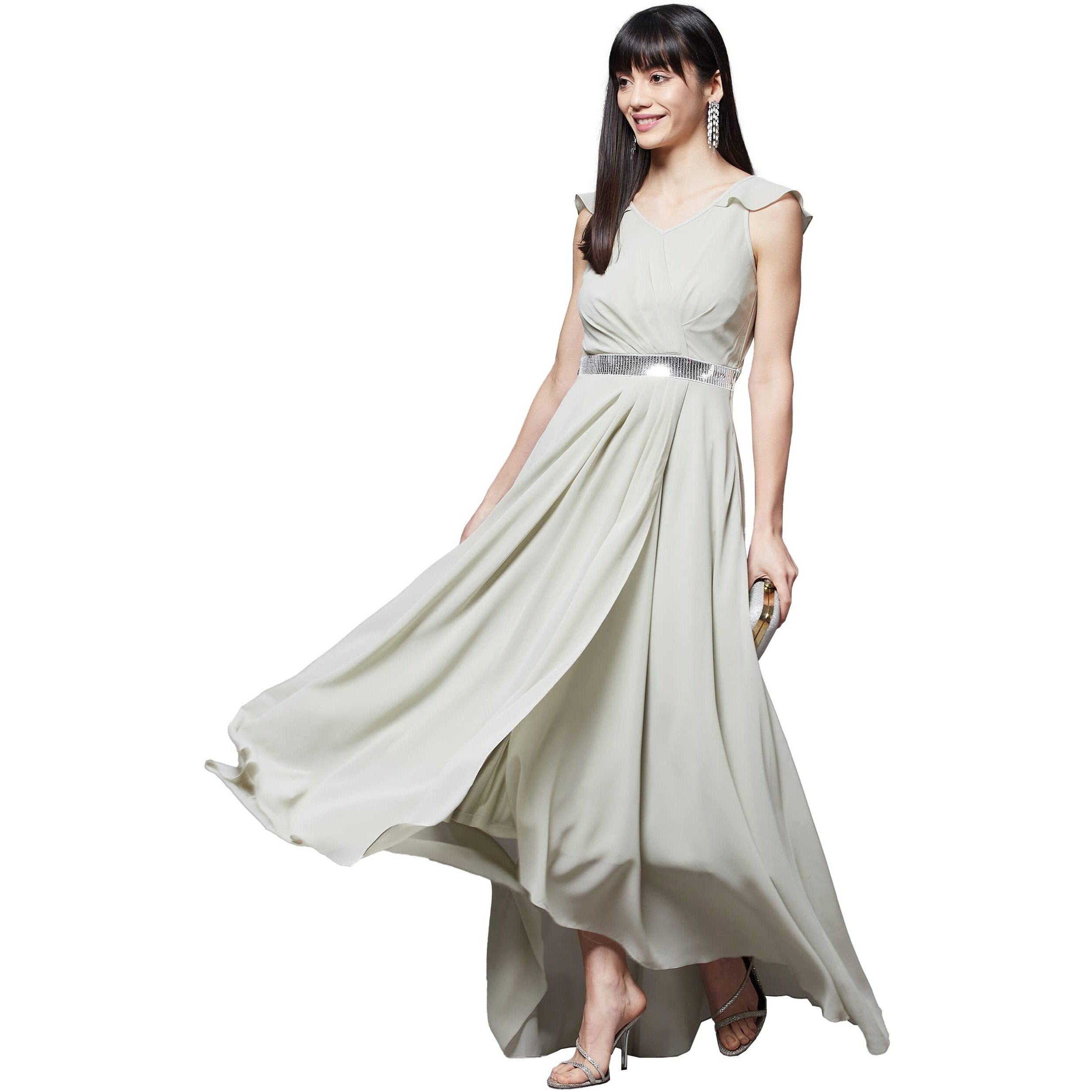 Miss Chase Women's Dusty Green V-Neck Ruffled Sleeve Solid Embellished Maxi Dress (Mcaw21D06-17-238-02, Dusty Green, Xs)