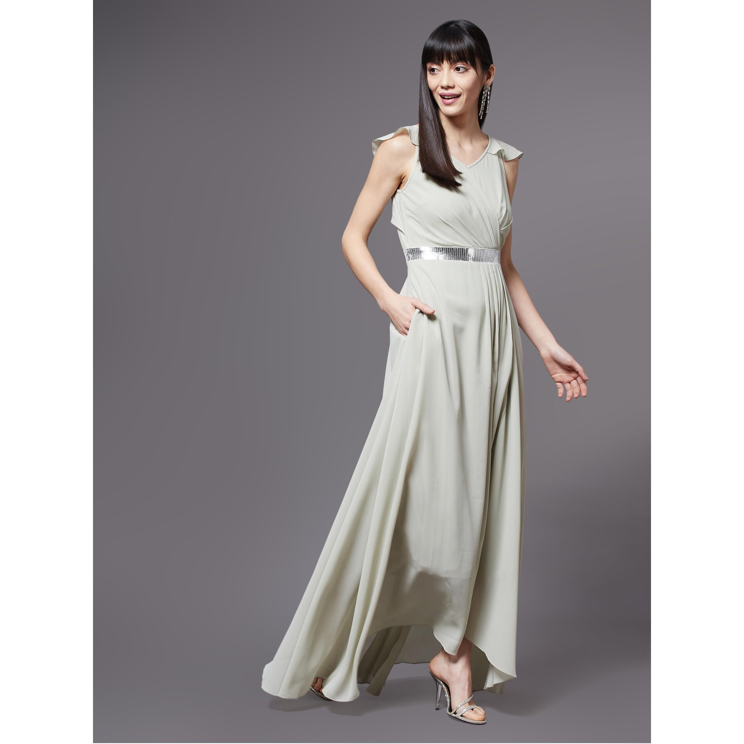 Miss Chase Women's Dusty Green V-Neck Ruffled Sleeve Solid Embellished Maxi Dress (Mcaw21D06-17-238-02, Dusty Green, Xs)