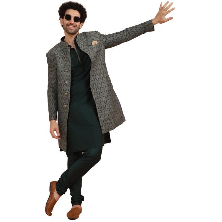 Kisah Men Grey Jacquard Kurta Indowestern Sherwani Churidar Set With Floral, 42