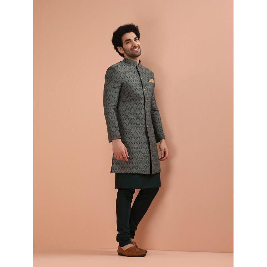 Kisah Men Grey Jacquard Kurta Indowestern Sherwani Churidar Set With Floral, 42
