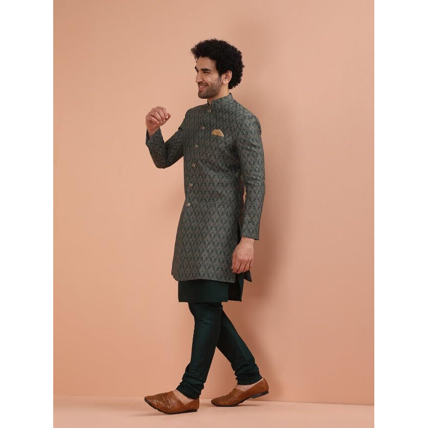 Kisah Men Grey Jacquard Kurta Indowestern Sherwani Churidar Set With Floral, 42