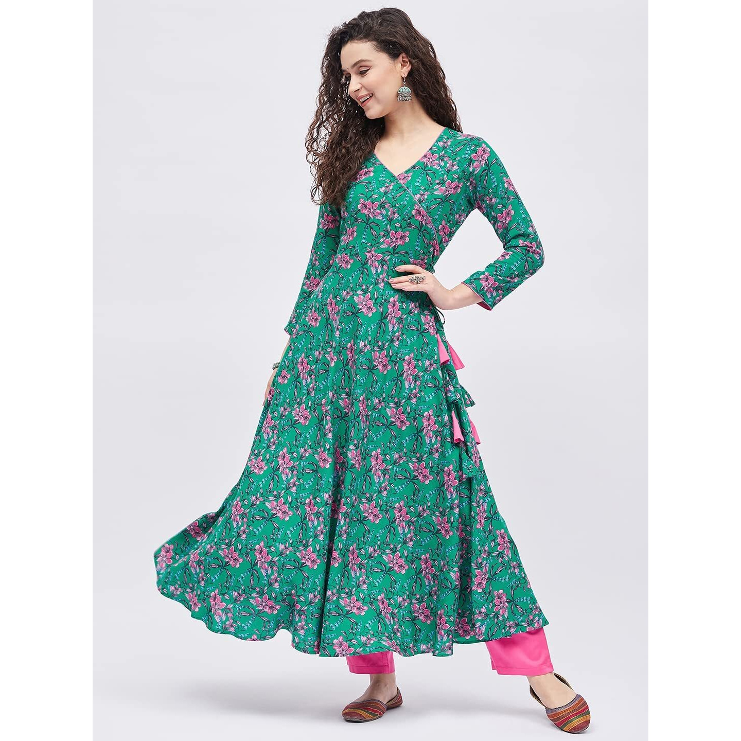Tissu Women's Rayon Dark Green & Pink Floral Printed Angrakha Kurta 2209_Green_4Xl