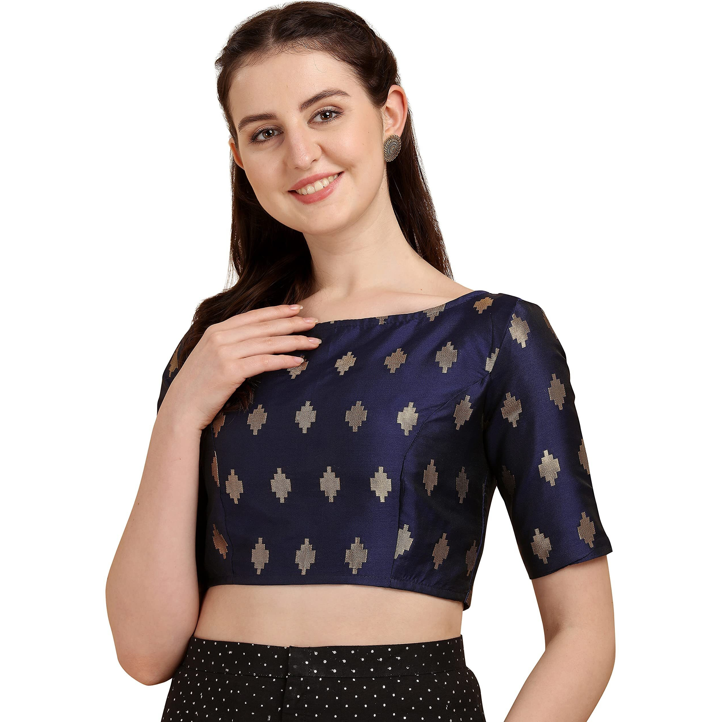 Oomph Women's Indian Ethnic Wear Designer Zari Work Boat Neck Half Sleeve Readymade Non - Padded Blouse For Saree And Lehnga And Palazzos Or Skirts For A Fusion Twist.
