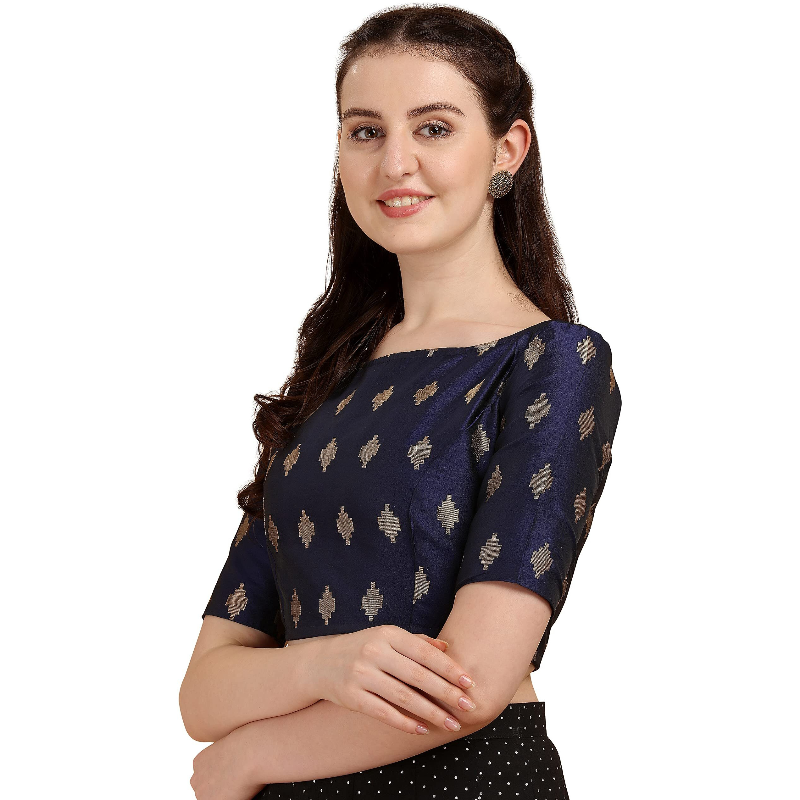 Oomph Women's Indian Ethnic Wear Designer Zari Work Boat Neck Half Sleeve Readymade Non - Padded Blouse For Saree And Lehnga And Palazzos Or Skirts For A Fusion Twist.
