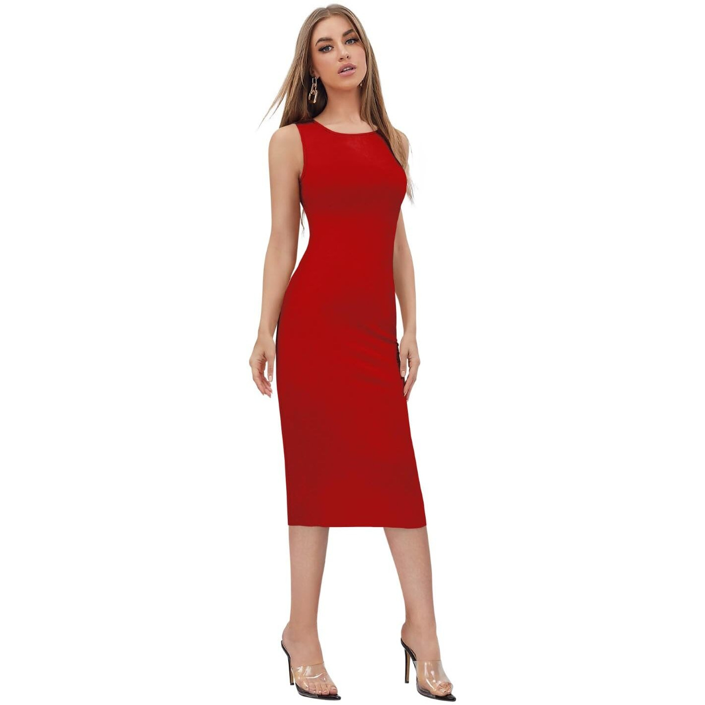 Toochki Women's Lycra Bodycon Midi Dress (Toochki250-Dr_Red