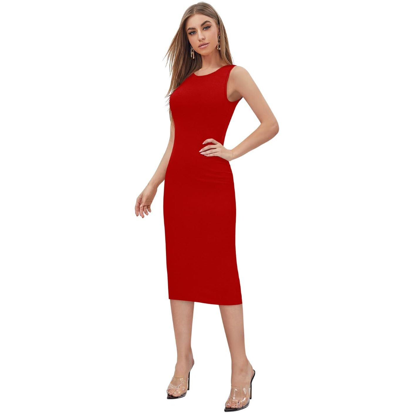 Toochki Women's Lycra Bodycon Midi Dress (Toochki250-Dr_Red