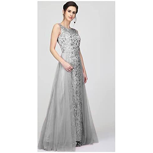 Patlani Women's Net Fit And Flare Knee-Length Dress (All Over-New_Grey (Medium)