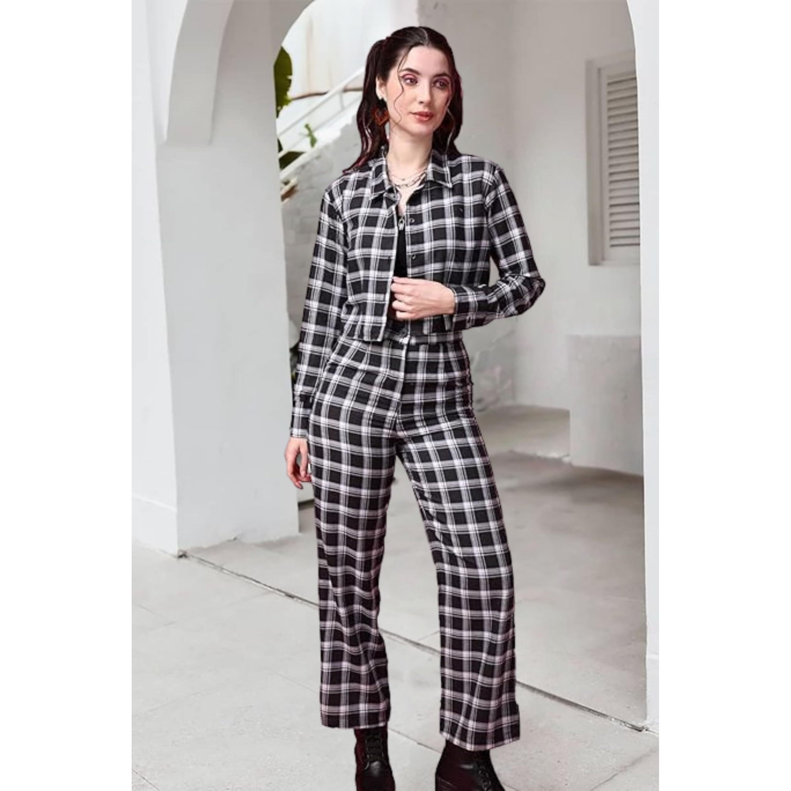 Popwings Casual Checks Print Crop Shirt And Trouser Co-Ord Set For Women | Shirt And Pant Co-Ord Set For Women | Full Sleeves Co-Ord Set For Women | Western 2 Piece Set For Women Black