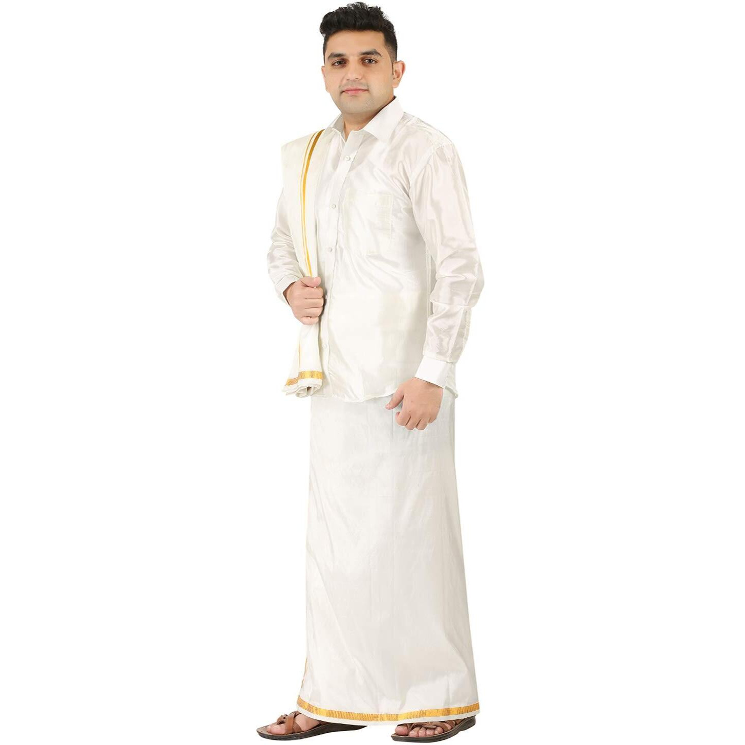 Prakasam Cotton Mens Silk Look Full Sleeve Regular Fit Shirt + Double Layer 8 Mulam Dhoti(Free Size) + Single Towel (White, 44)
