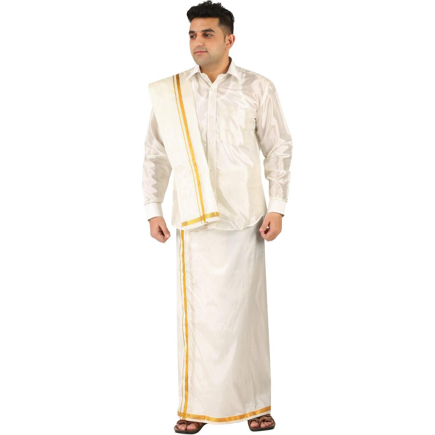 Prakasam Cotton Mens Silk Look Full Sleeve Regular Fit Shirt + Double Layer 8 Mulam Dhoti(Free Size) + Single Towel (White, 44)