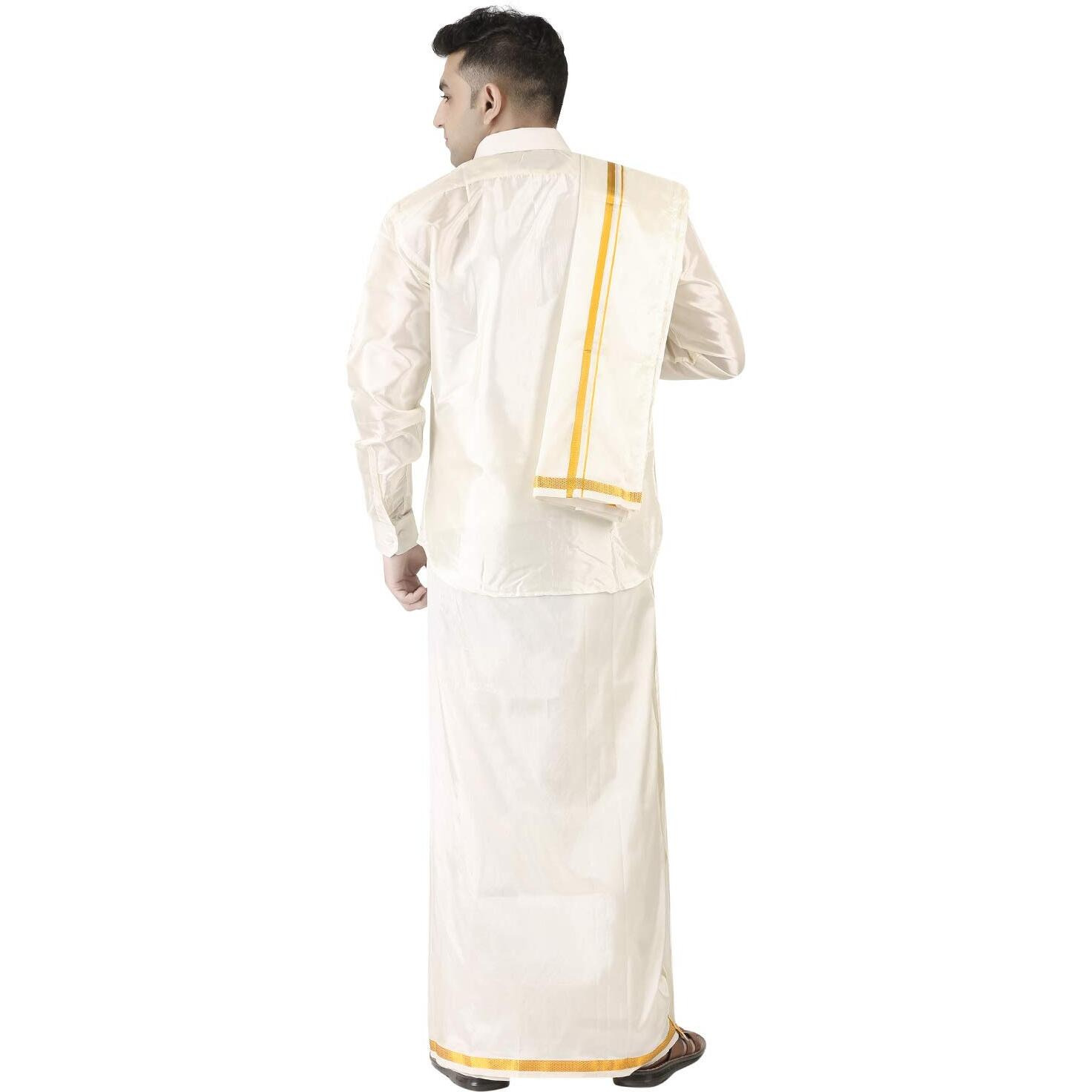 Prakasam Cotton Mens Silk Look Full Sleeve Regular Fit Shirt + Double Layer 8 Mulam Dhoti(Free Size) + Single Towel (White, 44)