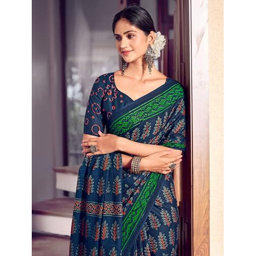 Satrani Women's Cotton Printed Saree With Unstitched Blouse Piece (3827S105N_Navy Blue)