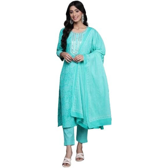 Varanga Cotton Bandhani Printed Embroidered Kurta With Straight Pant And Dupatta