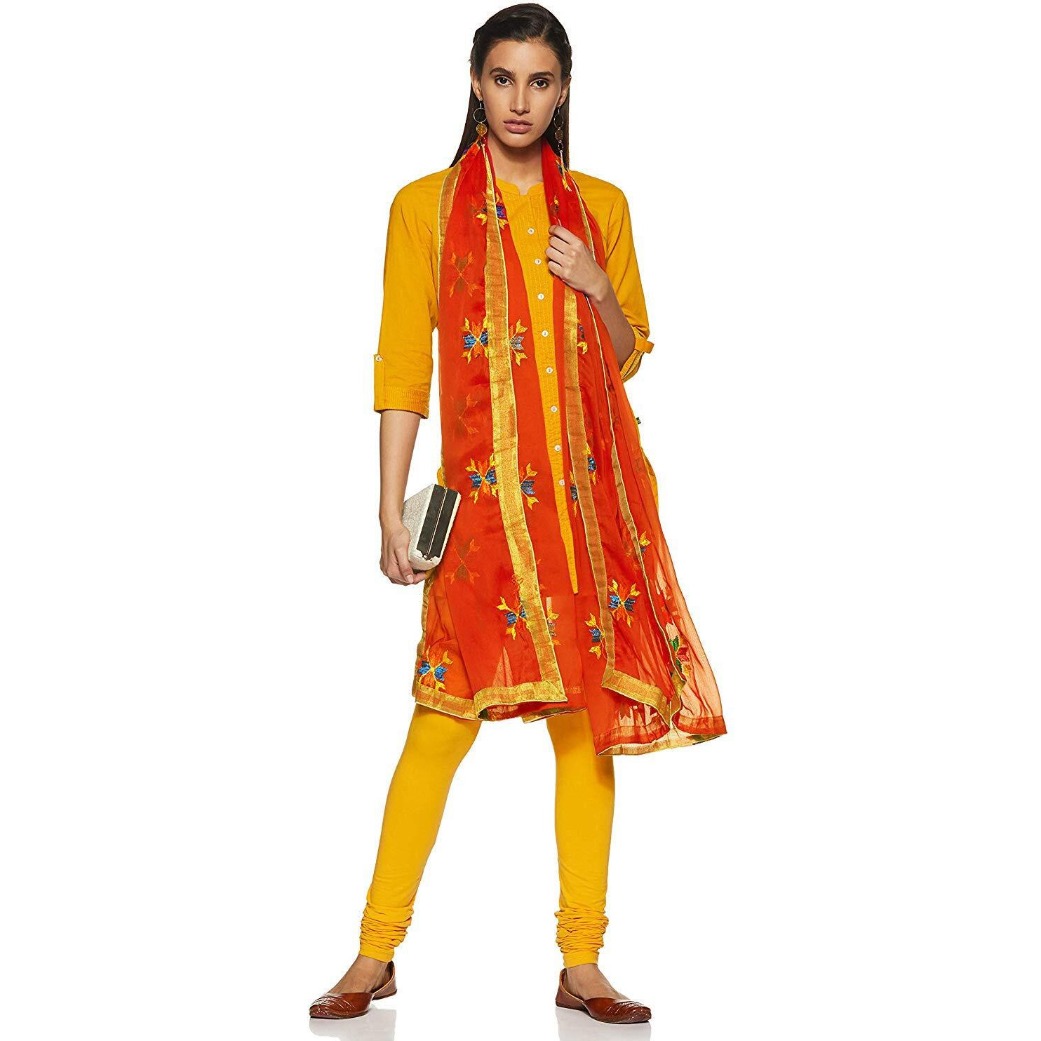 Weavers Villa Punjabi Hand Embroidery Phulkari Buty Work Faux Chiffon Orange Dupatta, Stoles, 2.25 Mtrs