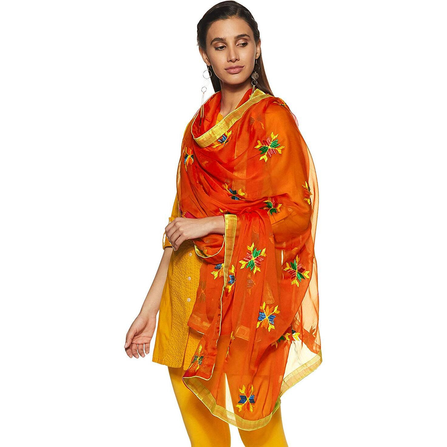 Weavers Villa Punjabi Hand Embroidery Phulkari Buty Work Faux Chiffon Orange Dupatta, Stoles, 2.25 Mtrs