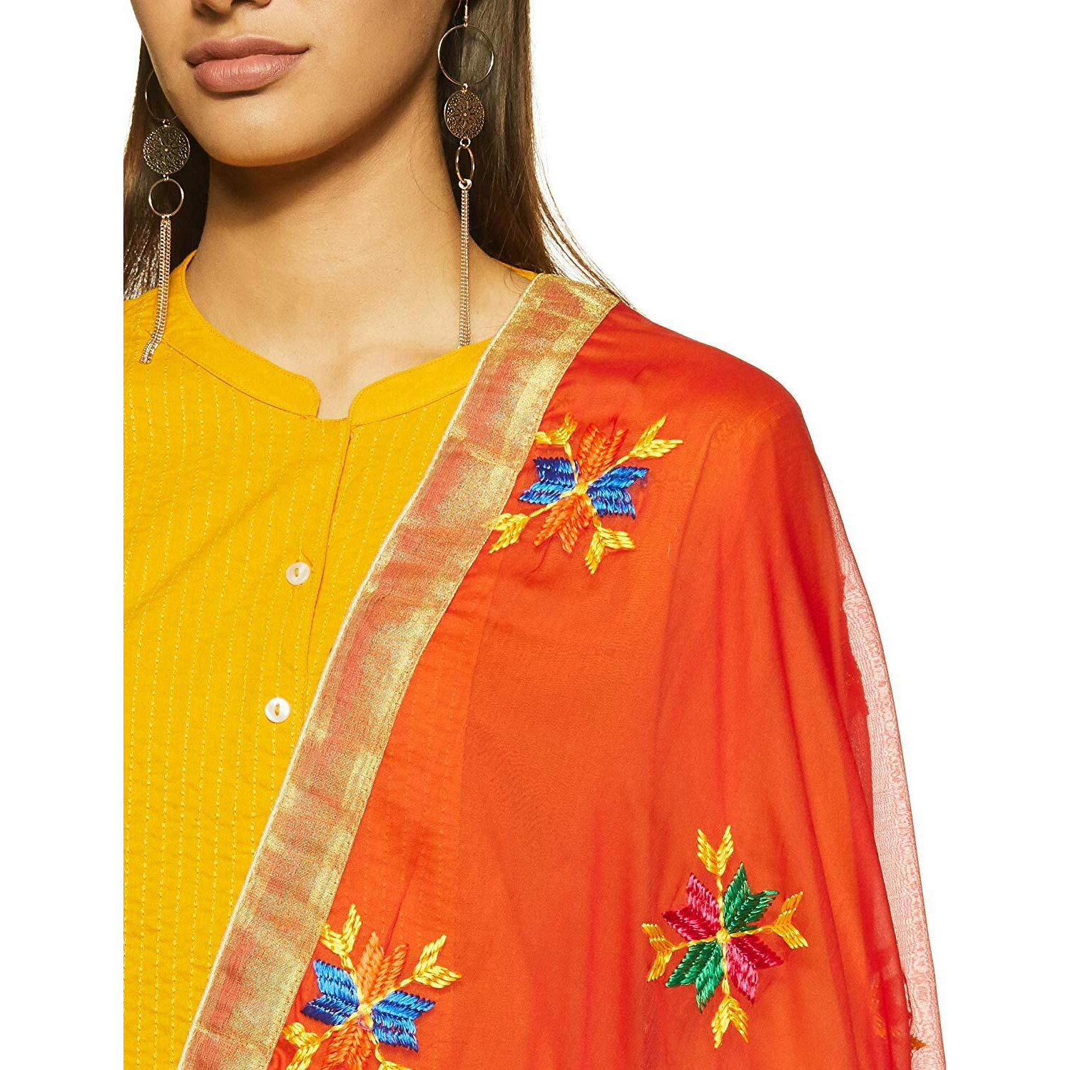 Weavers Villa Punjabi Hand Embroidery Phulkari Buty Work Faux Chiffon Orange Dupatta, Stoles, 2.25 Mtrs